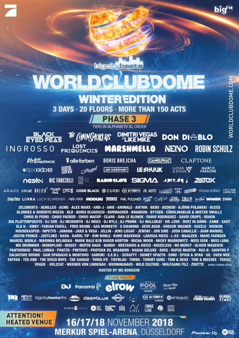 BigCityBeats WORLD CLUB DOME Winter Edition 2018 Line-up Phase 3 mit Ingrosso, Claptone, HUGEL, Boris Brejcha, Felix Kröcher u. v. a.